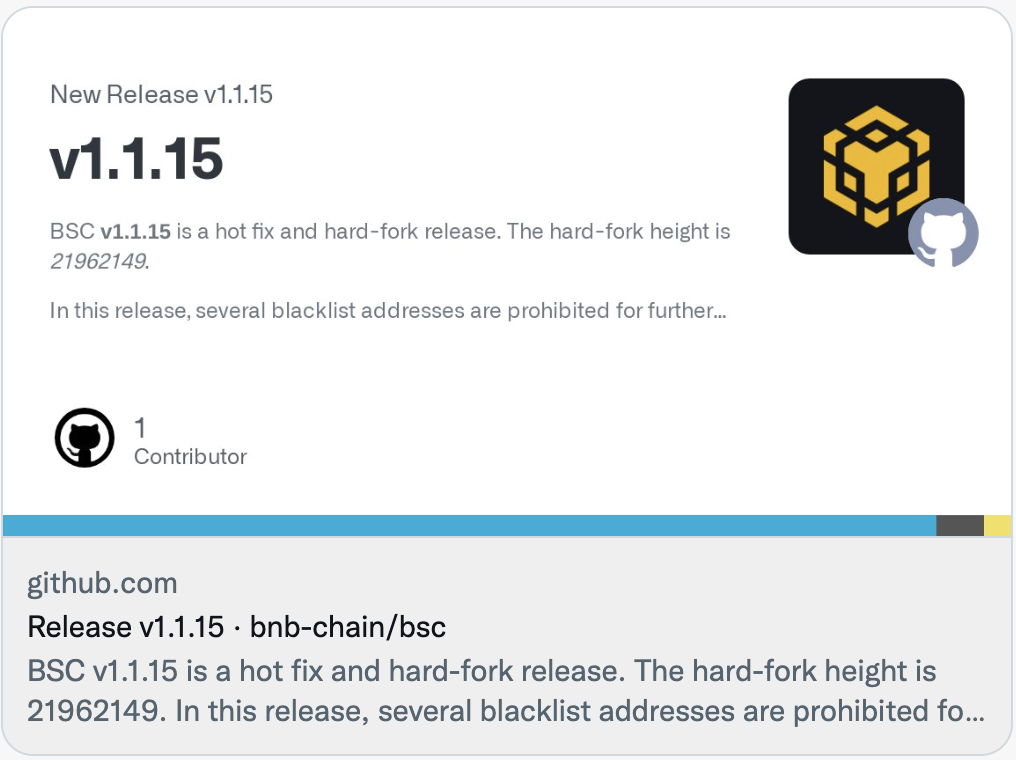 BNB Chain：已发布BSC v1.1.15版本，所有节点运营者需升级