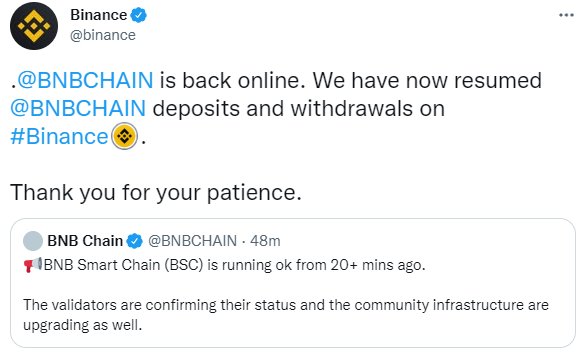 Binance：BNB Chain的存取款服务现已恢复